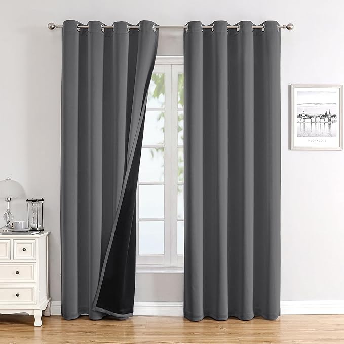 ChrisDowa 100% Blackout Curtains 90 inch Long for Bedroom with Black Liner, 2 Thick Layers Total Blackout Thermal Insulated Grommet Long Window Curtains 2 Panels Set (Grey, 52 x 90 Inch)