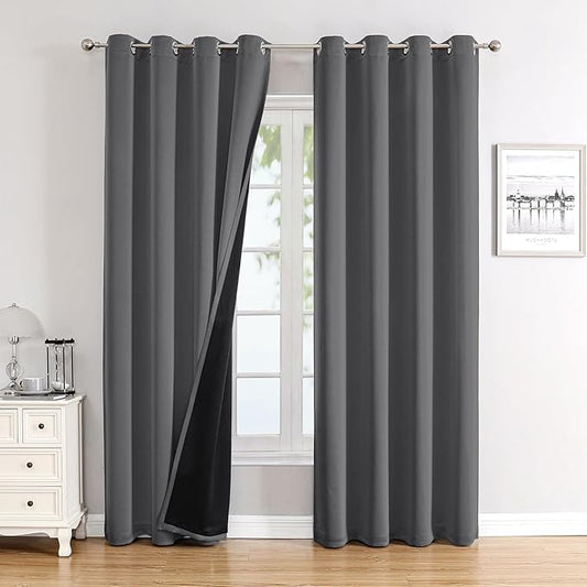 ChrisDowa 100% Blackout Curtains for Bedroom with Black Liner, 2 Thick Layers Total Blackout Thermal Insulated Grommet Window Curtains 2 Panels Set (Grey, 52 x 84 Inch)
