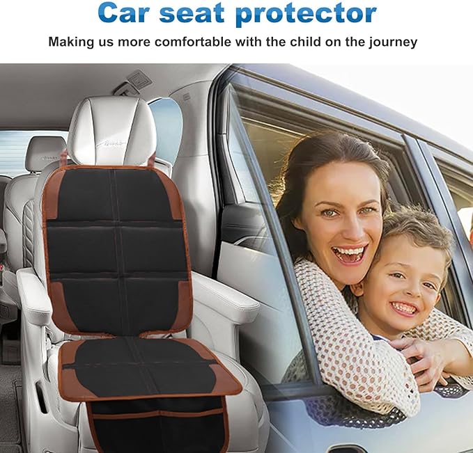 Car Seat Protector for Child, 2 Pack With Mesh Pockets & Non-Slip Backing 600D Durable Under Baby Seat Cover for Back Seat (Dark Brown, Standard)