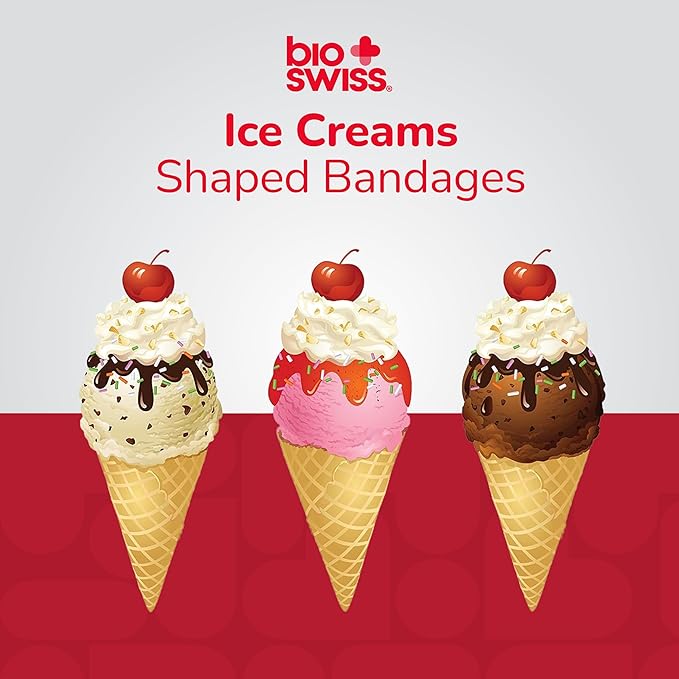 BioSwiss Bandages, Ice Cream Shaped Self Adhesive Bandage, Latex Free Sterile Wound Care, Fun First Aid Kit Supplies for Kids, 24 Count