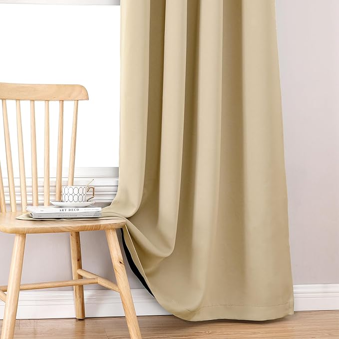 ChrisDowa 100% Blackout Curtains for Bedroom with Black Liner, 2 Thick Layers Total Blackout Thermal Insulated Grommet Window Curtains 2 Panels Set (Beige, 52 x 54 Inch)