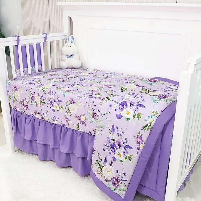 Crib Bedding Set for Girls, Purple Baby Crib Bedding Set 4 Piece, Baby Girl Nursery Bedding Set Including Comforter, Fitted Crib Sheet, Crib Skirt, Diaper Stacker, Floral