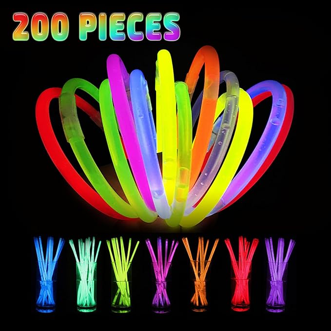200 Pcs Glow Sticks Bulk Party Pack, 8'' Glow in the Dark Party Supplies, Glow in the Dark Light Up Sticks with Connectors, Party Favors for Birthday, Concert, Raves, Halloween, Christmas