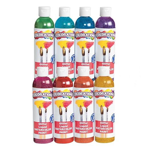 Colorations Paraben-Free Glitter Liquid Watercolor Paint, Set of 8 Vibrant Colors, 8 fl oz, Non-Toxic and Made in The USA
