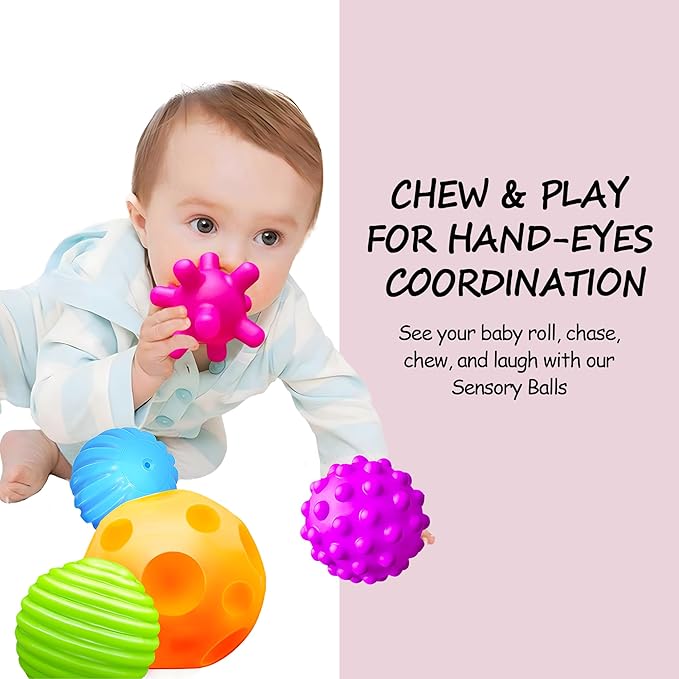 Baby Textured Multi Sensory Toys Massage Ball Gift Set BPA Free for Toddlers 1-3 Soft Balls Montessori Infant Baby Toys 6 to 12 Months 6 Pack