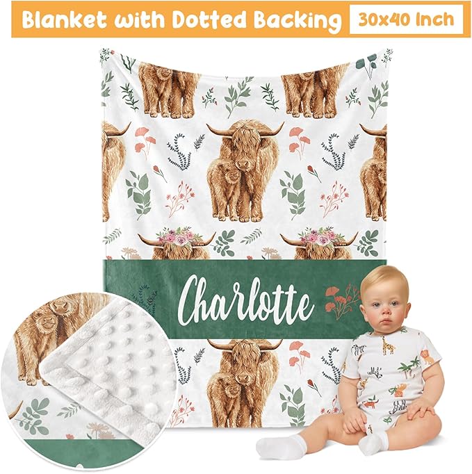 Custom Crib Bedding Set - Highland Cow Design Personalized Name Baby Nursery Bed 3 Pcs Set - Chic Soft Blanket with Dotted Backing, Sheet, Pillowcase for Newborn Girls Boys Gifts Color04
