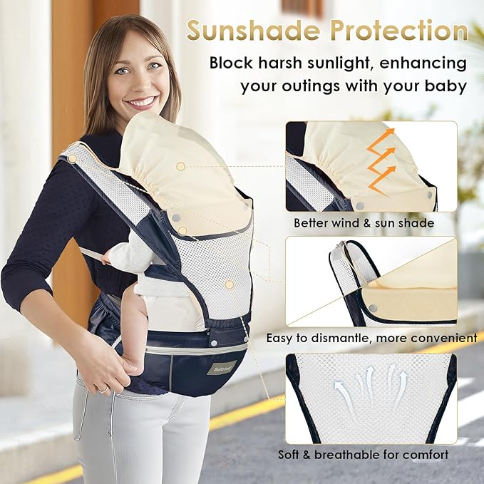 Baby Carrier Newborn to Toddler, Lightweight Ergonomic Baby Hip Seat Carrier Up to 33lbs, Adjustable Extended Waistband Infant Carrier with Breathable Sunshield, Navy Blue