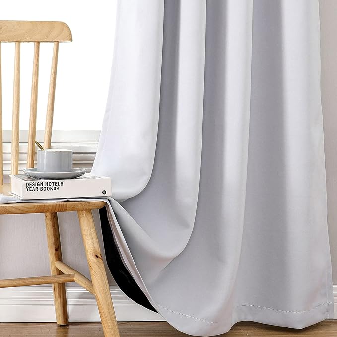 ChrisDowa 100% Blackout Curtains for Bedroom with Black Liner, 2 Thick Layers Total Blackout Thermal Insulated Grommet Long Window Curtains 2 Panels Set (Greyish White, 52 x 95 Inch)