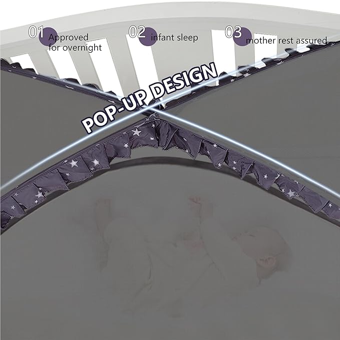 Baby Safety Crib Tent Infant Pop up Mosquito Net Nursery Bed Canopy Netting Cover - Keep Baby from Climbing Out with Hanging Diaper Storage Bag (Dark Gray)
