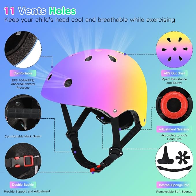 Color Gradient Adjustable Kids Bike Helmet Toddler Skateboard Helmets Boys Girls Child Ventilation Helmet for Multi-Sports Skating Cycling Scooter Balance