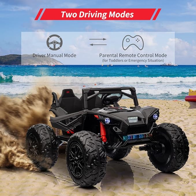 2 Seaters 24V Ride on UTV with Remote Control,10AH Battery, 400W Powerful Motors with 17" EVA Wheels, 20.5“ Seat Width Electric Ride Toy with Metal Suspension,LED Lights,Music,Horn (Black)