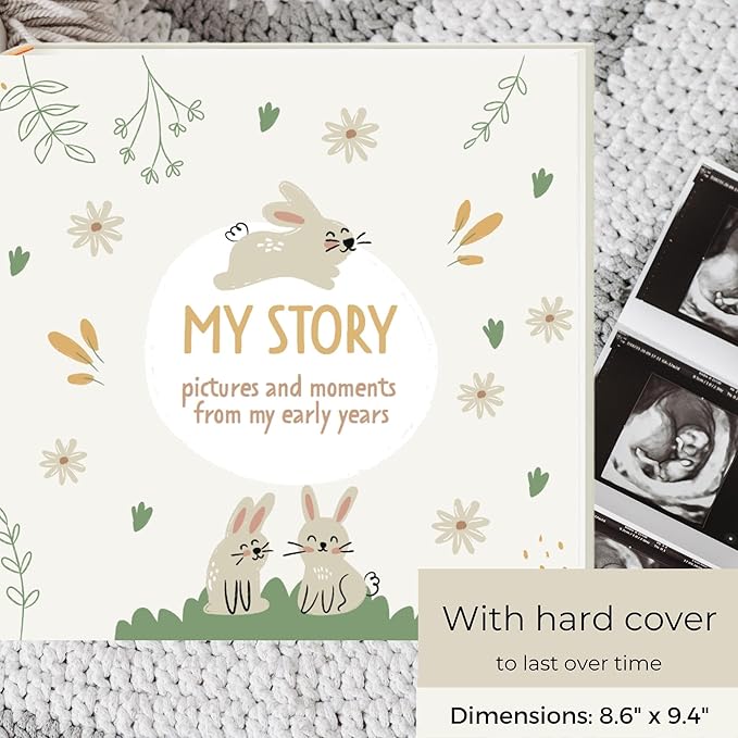 Baby Book Keepsake Gender Neutral to Paste Photos and Writing with +50 Pages and Stickers - Baby Memory Book from the First Year to 5th - Newborn Gifts, Baby Shower and Gender Reveal