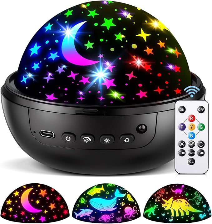 COOLNIGHT Night Light for Kids, 93 Lighting+3 Films Kids Night Light Projector, Remote+Dimmable Star Projector, 360°Slient Glow in The Dark Stars for Ceiling, Gift for 3-8