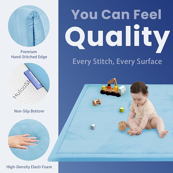 Baby Play Mat for Floor,1.3" Thick Memory foam Tummy Time Mat,Soft Coral Velvet Nursery Rug for Toddlers,Infants,kids,Extra Large Non Slip for Crawling,Tatami Style(Light Blue)