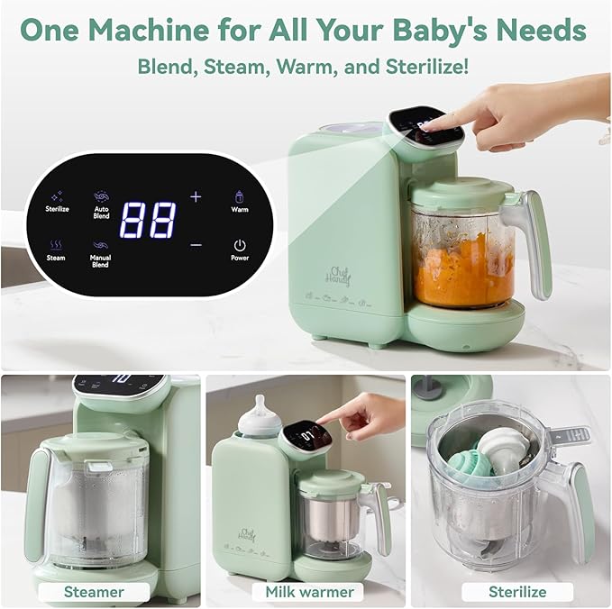 Baby Food Maker, 5 in 1 Baby Food Processor with Steaming Basket, Auto Cooking & Grinding, Touch Screen Control, Baby Steamer and Blender, Baby Food Puree Maker Warmer Mills Machine (Green)