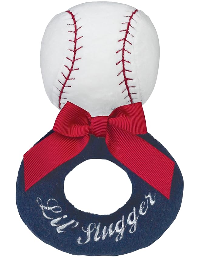 Bearington Baby Lil’ Slugger, 5.5 Inch Red, White and Blue Plush Stuffed Baby Baseball Soft Ring Rattle - Baseball Toys