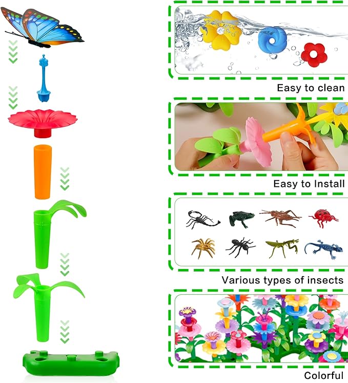 Birthday Toys Gifts for 2 3 4 5 6 Years Old Toddler Girls Boys, 156 PCS Insect Flower Garden Building Educational STEM Learning Pretend Play Gardening Set, Gifts for Preschool Kids Age 2+