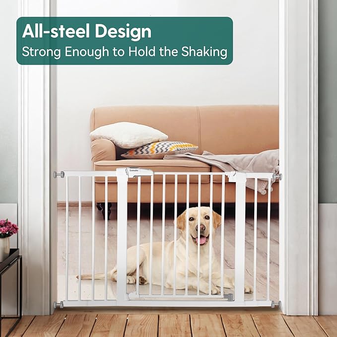 Babelio Metal Baby Gate, 29-48“ Auto Close Easy Install Pet Gate, Extra Wide Walk Thru Child Safety Gate, Pressure Mounted Dog Gate for Doorways & Stairs, with Y Spindle Rods, White