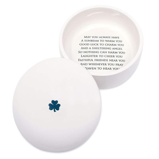 Baptism Gift or First Communion Gift, Ceramic Keepsake Box With Irish Blessing - Round Box with Shamrock in Green for Godchild