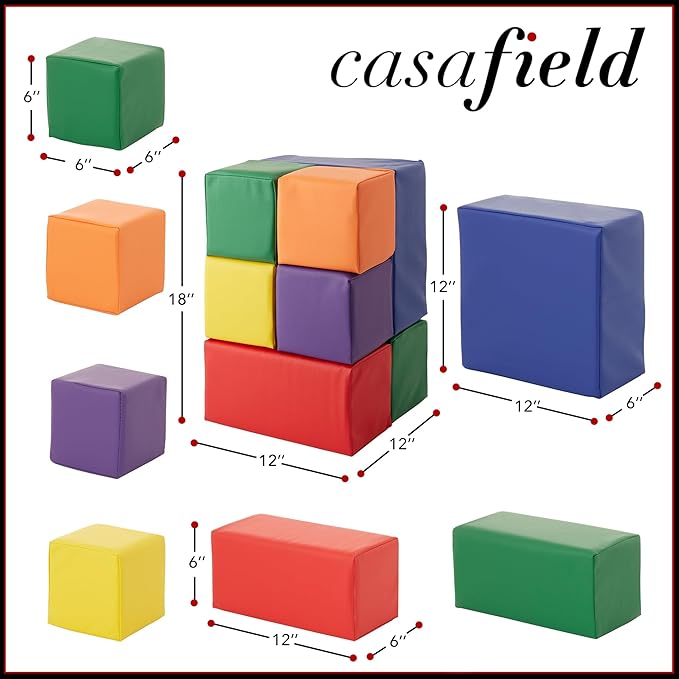 Casafield Large Toddler Foam Building Blocks (7-Piece Set), Soft Play Kids Stacking Cubes, Assorted Colors and Sizes for Daycare, Nursery, Preschool