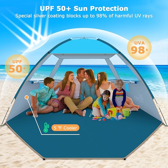 COMMOUDS Beach Tent Sun Shade for 3/4-5/6-7/8-10 Person, UPF 50+ Beach Sun Shelter Canopy Tent, Lightweight, Easy Set Up and Carry