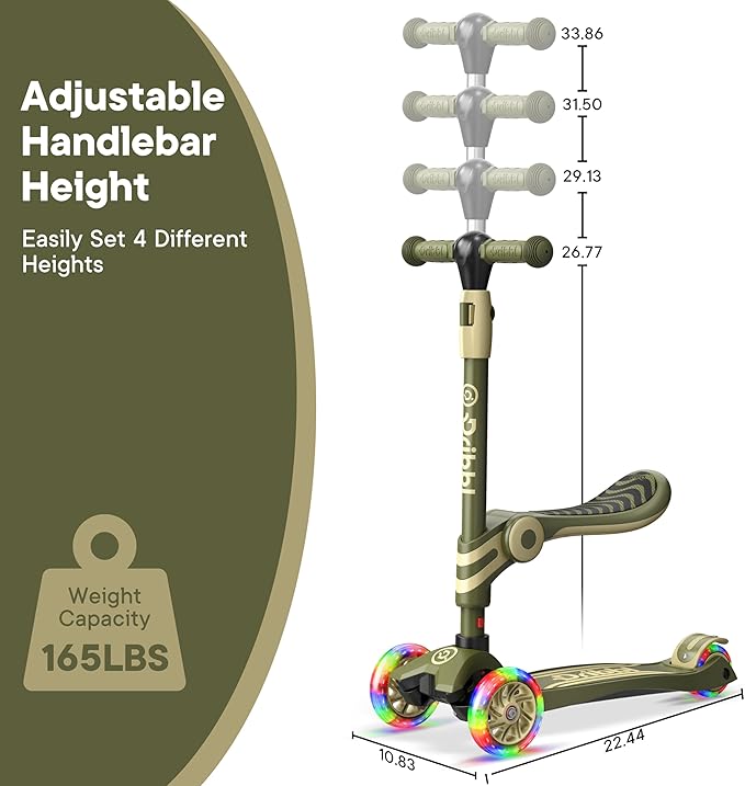 Army 3 Wheel Scooter with Seat for Kids – Light-Up LED Wheels, Adjustable Handlebar and Seat, Smooth PU Wheels, Wide Anti-Slip Deck, Rear Foot Brake – Toddler Outdoor Toys for Ages 2+