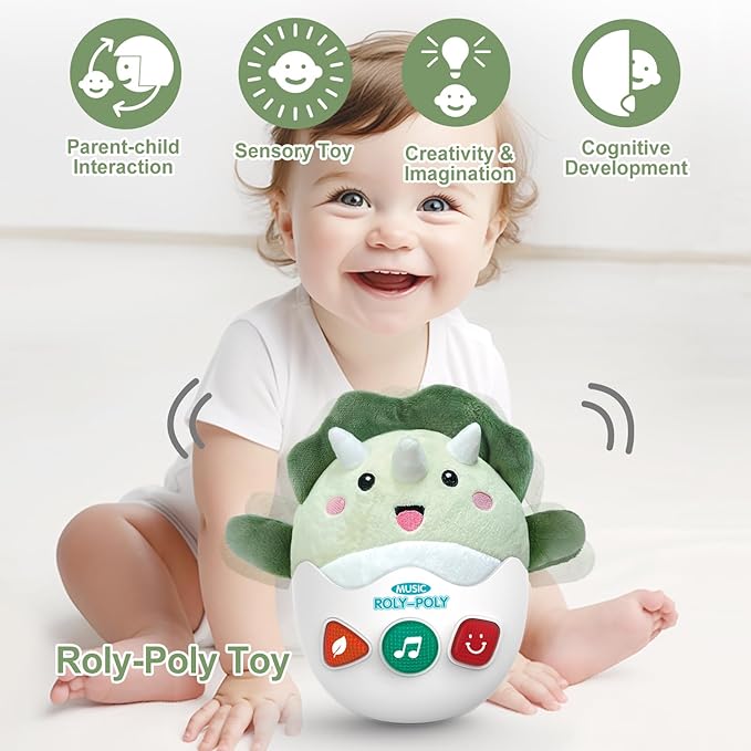 Baby Dinosaur Toys 0-3-6-12 Months, Musical Infant Toys with Light & Sounds, Soft Plush Stuffed Animal, Newborn Boys Girl 1st Birthday Shower Gift, Roly-poly Sensory Tummy Toy Easter Egg Gifts