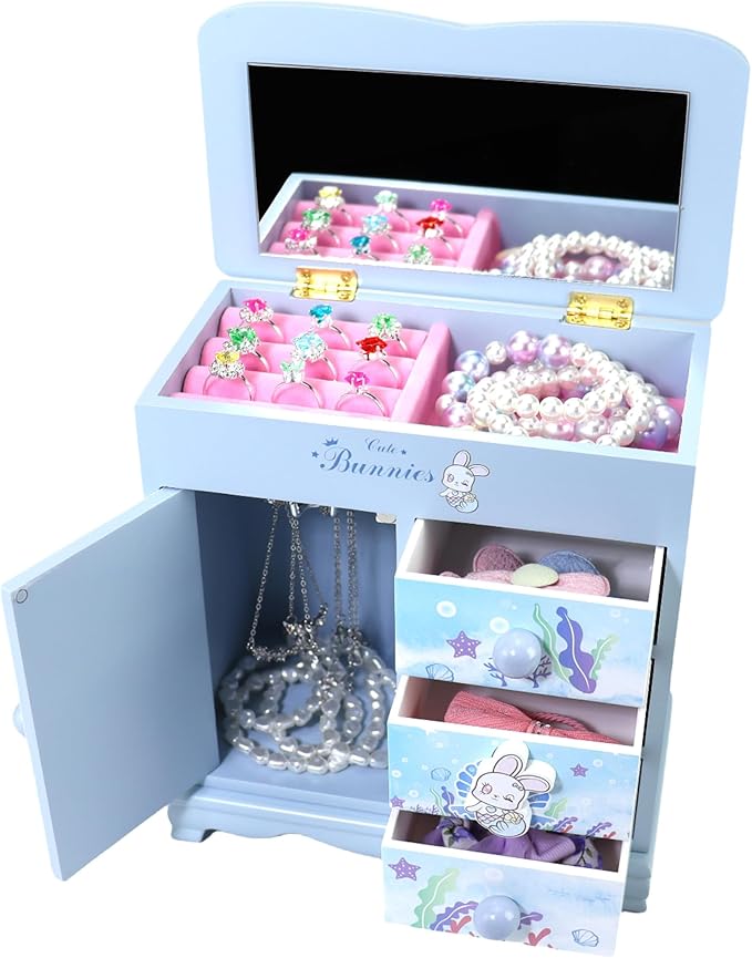 Children jewelry box for girls blue Cute bunny girls jewelry box Little girl birthday christmas Gift kids jewelry box