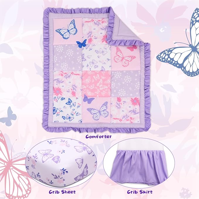 Cloele Crib Bedding Set for Girls, 3 Pieces Floral Butterfly Baby Bedding Set -Includes Comforter Fitted Sheet Crib Skirt,Standard Size Nursery Baby Crib Set for Girls,Purple