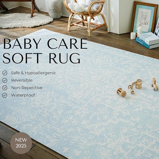 Baby Care Soft Rug (Prestige, Ikat - Inca Blue) 98'' x 59'' Original One-Piece Reversible Rollable Waterproof Play Mat for Infants, Babies, Toddler, and Kids