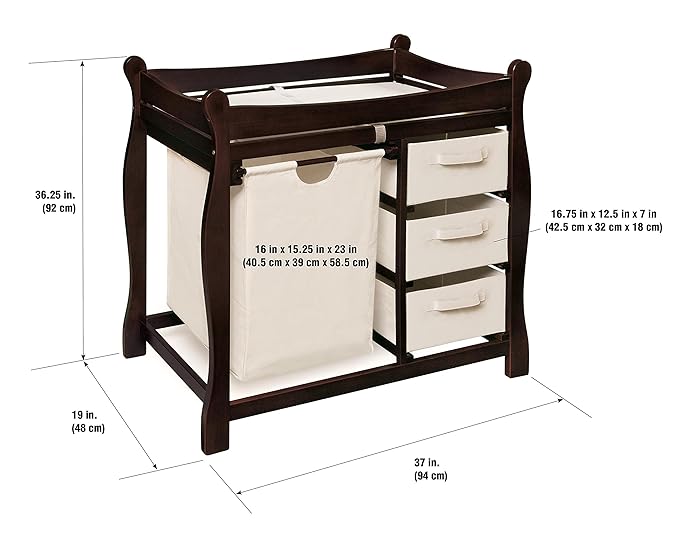 Badger Basket Sleigh-Style Baby Changing Table - Diaper Changing Station with 3 Storage Baskets - Nursery Organizer with Hamper, Changing Pad, Safety Rails - Espresso