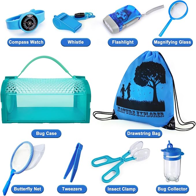 Bug Catcher Kit & Outdoor Explorer Kit for Kids, 10 Pcs Bug Catching Kit with Toy Cage, Backpack, Flashlight, Manifying Glass, Toy Net, Outdoor Exploration Toys Gift for Boys Girls 3-12