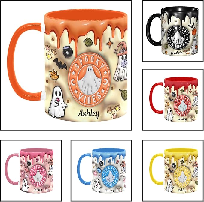 Custom Halloween Coffee Mug with Names, Pumpkin Coffee Cup, Personalized Ghost Ceramic Coffee Mug, Spooky Vibes Trick Or Treat Halloween Accent Mug, Spooky Season Gift for Women Men 11 Oz