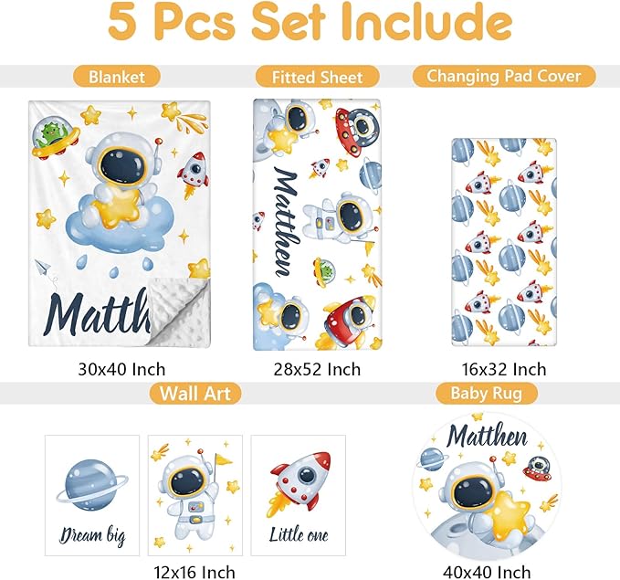 Customized Baby Bedding Set, 5 Pcs Custom Nursery Bedding Set with Baby Name, Double Layer Crib Set for Girls Boys, Personalized Gifts for Toddlers Infants New Parents, Space Astronaut