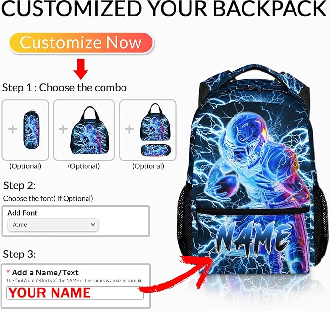 Boys School Backpack, Personalized Football Backpacks for Kids Kindergarten Senior Middle, 17 Inch Lightweight Lightning Bookbag with Custom Name, Cool Back to School Gift