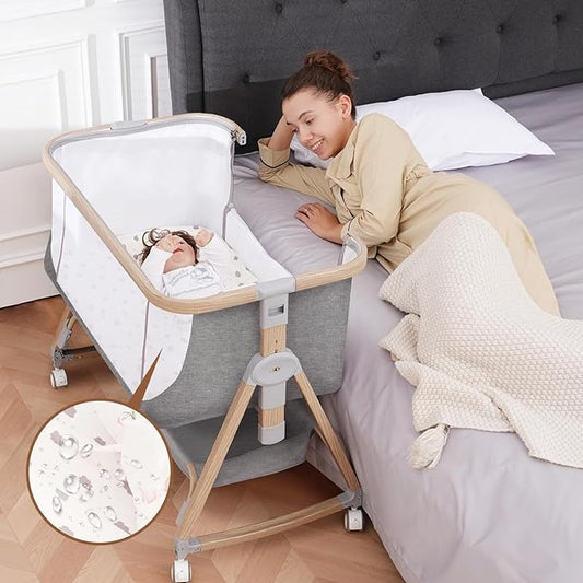 Baby Bassinet Bedside Sleeper - 3 in 1 Bassinets with Waterproof Sheets, Soft Mattress and Breathable Mesh, Adjustable Height Bedside Bassinet for Baby with Wheels, Storage Basket, Gray