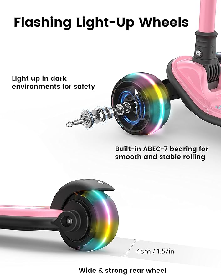 Besrey Kick Scooter for Kids Ages 3-10, 3-Wheel Folding Scooter with Adjustable Height, LED Light Wheels, Extra Wide Deck for Outdoor Activities