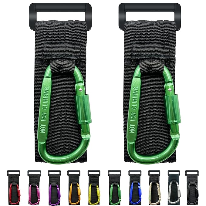 Baby Stroller Hook, Carry 30 lbs per Stroller Carabiner Clip, Adjustable Baby Stroller & Car Seat Hook for Hanging Diaper Bag, Wheelchair,Golf cart, Shopping and Pet Cart(2 Pcs Green)
