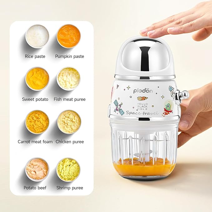 Baby Food Maker Mini Cute and Small Food Processor Puree Blender Grinder Chopper 1.2 Cup Glass Bowl with 6 Blade Electric (Spaceman-White)