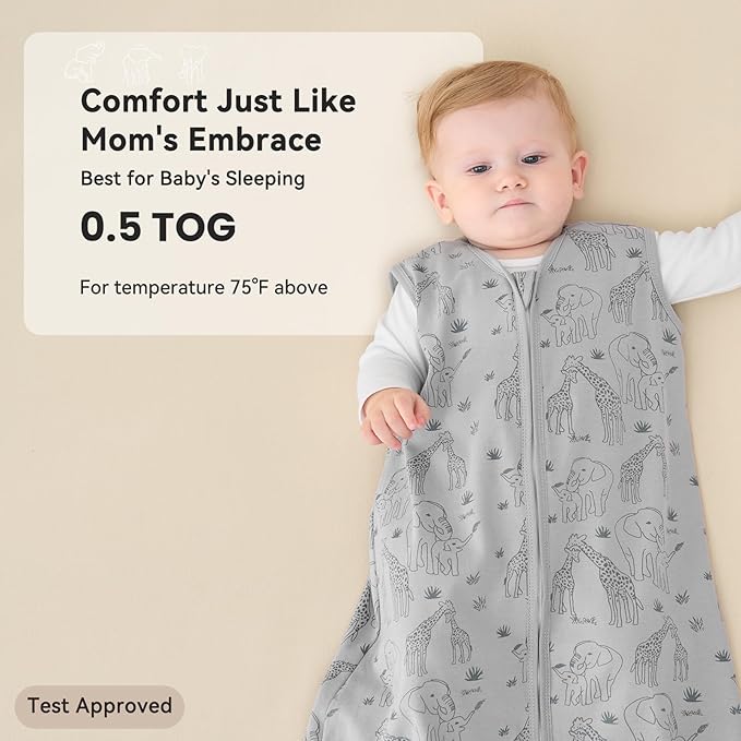 Baby Sleep Sack 12-18 Months 0.5 Tog Wearable Blanket Baby, 3 Pack 100% Cotton Lightweight Sleeping Sack with 2-Way Zipper for Infant Toddler Apricot Gray Green Elephant