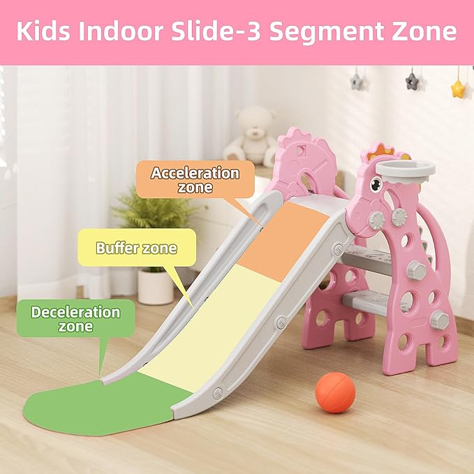 67i Toddler Slide for Indoor & Outdoor Play with Basketball Hoop, Anti-Slip Steps, 46.8in Baby Climber (Pink)
