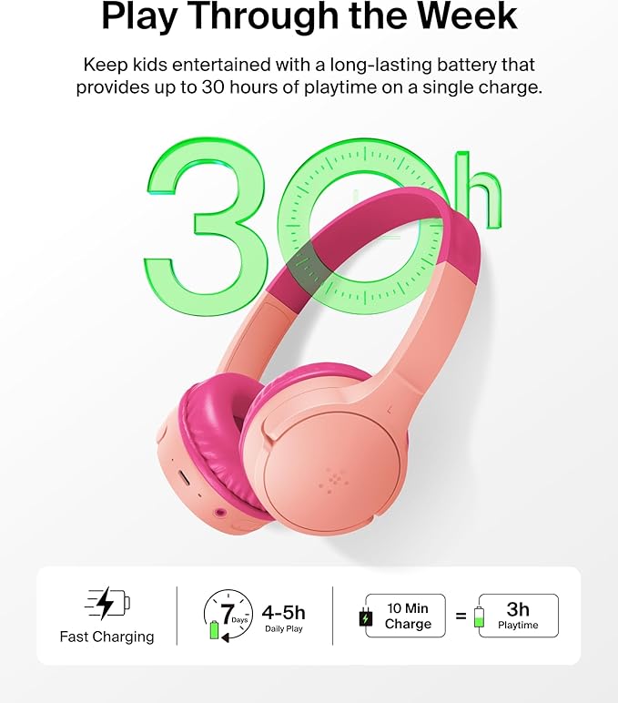 Belkin SoundForm Mini - Wireless Bluetooth Kids Headphones with 30H Battery Life, 85dB Safe Volume Limit, Built-in Microphone - Kids On-Ear Earphones for iPhone, iPad, Fire Tablet & More - Pink