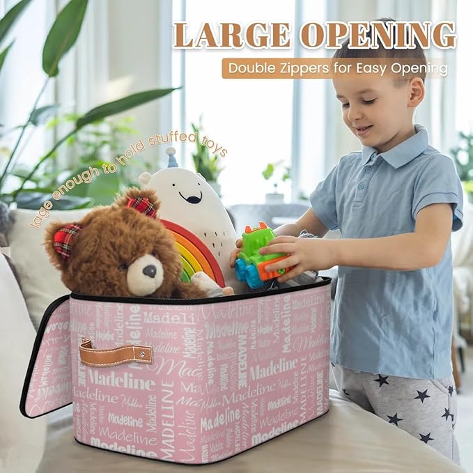 Custom Storage Basket with Name, Personalized Storage Bins with Zipper Lid, Foldable Fabric Storage Box Large capacity with Handle Pink