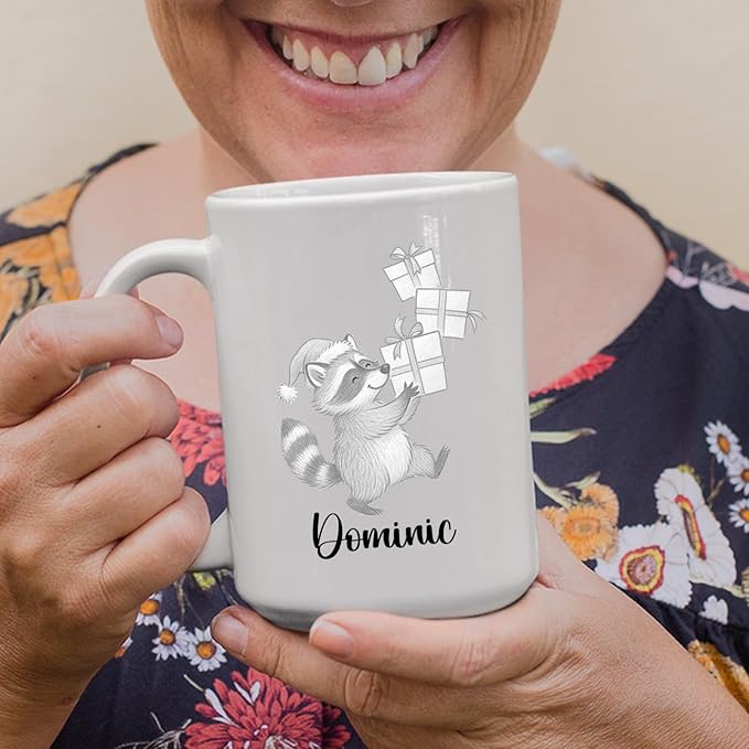 Customized Name Raccoon Coffee Mug Gift For Raccoons Lover Birthday Christmas, Personalized Raccoons Accent Coffee Cup, Raccoon Teacup Gift For Grandson Granddaughter Kids, Animal White Mug 11 15Oz
