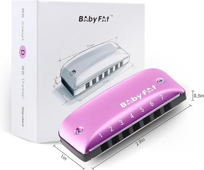 BabyFat 7 Hole Blues Mini Harmonica Set,Diatonic Harmonica with free lanyards,Gifts for Professional Players and Beginners,Easy-playing Musical Instrument(Key of D）