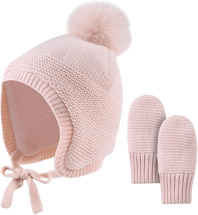 Basic Winter Baby Beanie Gloves Boys Girls Knitted Hat Pompom Kids Earflap Hats Warm Infant Toddler Beanie Mittens Set
