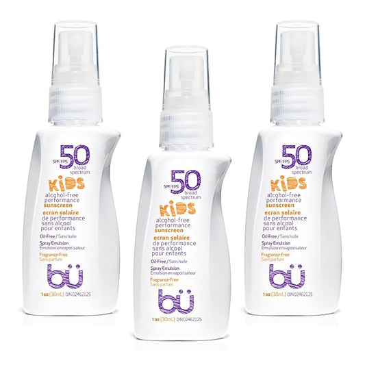 BU SPF 50 Kids Sunscreen Spray for Face and Body, Non Aerosol Spray, Fragrance Free, Clear, Non Greasy, Water Resistant, Fragrance Free 1 oz (3 Pack)