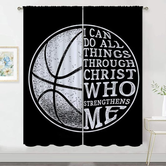 Basketball Blackout Curtains for Boy Girl Room Darkening Decor,Sport Theme and White Motto Dark Background Bedroom Living Room Home Rod Pocket Thermal Insulated Window Curtain/Drapes Panel,63x63 Inch…