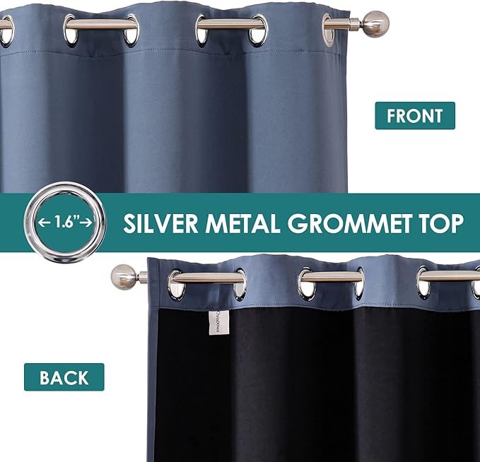 ChrisDowa 100% Blackout Curtains 102 inch Long for Bedroom with Black Liner, 2 Thick Layers Total Blackout Thermal Insulated Grommet Window Curtains 2 Panels Set (Stone Blue, 52 x 102 Inch)