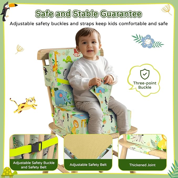 Booster Seat for Kitchen Chair with Backrest & 4 Adjustable Straps, Portable TPU Waterproof & Anti-Scratch Toddler Booster Seat for Dining Table, Removable & Non-Slip Booster SEat for Table